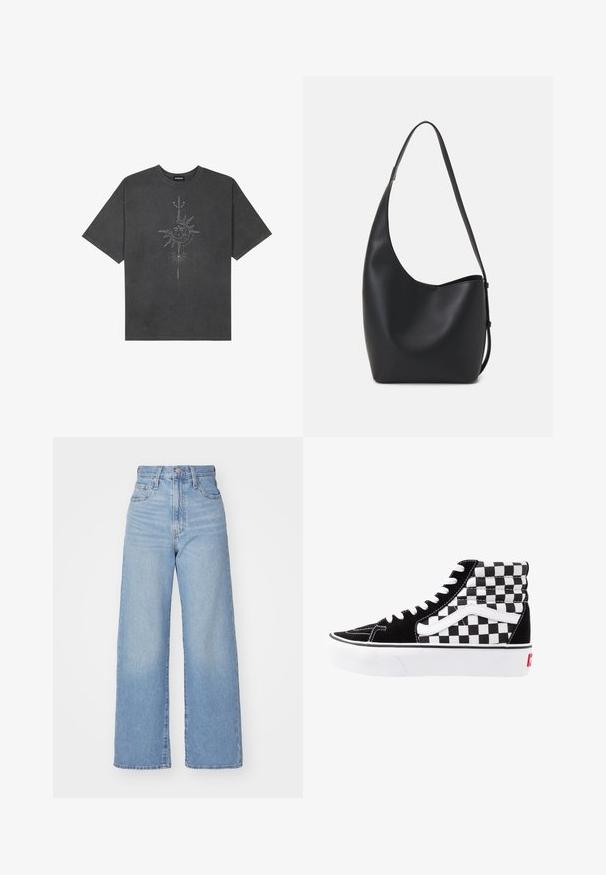 Tricou oversized de culoare gri închis, realizat din bumbac, având un grafic central cu soare, cu detalii complexe imprimat pe față.; Jeans cu talie înaltă, de culoare albastru deschis, cu croială largă, dotate cu nasture și fermoar la față, buzunare în față și spate, pe un fundal alb.; Adidași negri și albi, cu model în carouri, superior din microfibră, șireturi albe contrastante și talpă din cauciuc albă cu logo roșu.; Geantă hobo din piele neagră, cu o textură netedă, formă curbată și un singur bretele ajustabil; are o deschidere largă în partea de sus.