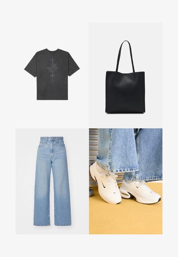 Sötétszürke, nagy méretű pamut póló, középen nap motívummal, aprólékos vonal részletekkel nyomtatva elöl.; Világoskék, magas derekú, bő szárú farmernadrág, elülső gombbal és cipzárral, elülső és hátsó zsebekkel, fehér háttérrel.; Fehér Nike sportcipők texturált mintázattal, fekete részletekkel és légpárnás betéttel. Világoskék farmer alatt, cakkos szegélyekkel elhelyezve.; Fekete bőrtáska sima felszínnel, téglalap alakú, két hosszú füllel. Nincs látható fémkiegészítő vagy díszítés.