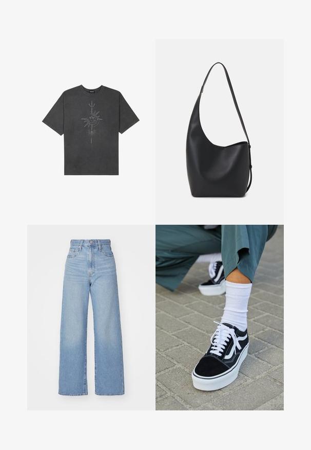 Musta harmaa ylisuurennettu t-paita, joka on valmistettu puuvillasta ja jossa on keskellä aurinkokuvio, jossa on monimutkaisia viivadetaileja painettuna etupuolelle.; Vaalean siniset korkeavyötäröiset löysät farkut, joissa on etuvetoketju ja nappikiinnitys, sekä edessä että takana taskut, valkoista taustaa vasten.; Mustat mokkakengät valkoisilla yksityiskohdilla ja nauhoilla, joissa on paksu valkoinen pohja ja kontrastivärinen ommel, yhdistettynä valkoiseen sukkaan.; Musta nahkainen hobo-laukku, jossa on sileä pinta, kaareva muoto ja yksi säädettävä olkahihna; sisäänkäynti on leveä ylhäältä.