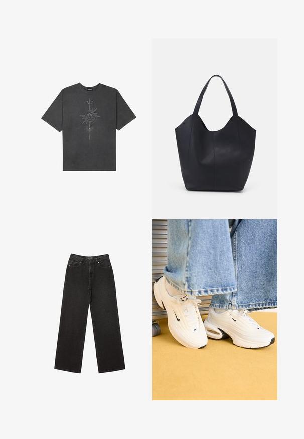 Mørkegrå oversized t-shirt lavet af bomuld, med et centralt solgrafik med indviklede linjedetaljer trykt på forsiden.; Sorte brede jeans lavet af denim, med små prikkede mønstre, klassisk fem-lomme design og en knap- og lynlåslukning.; Hvide Nike sneakers med et tekstureret design, sorte accenter og en air-cushioning funktion. Positioneret under lyseblå denim med frynsede kanter.; Sort tote taske lavet af glat læder, med en buet, åben top, to skulderstropper og et minimalistisk design.