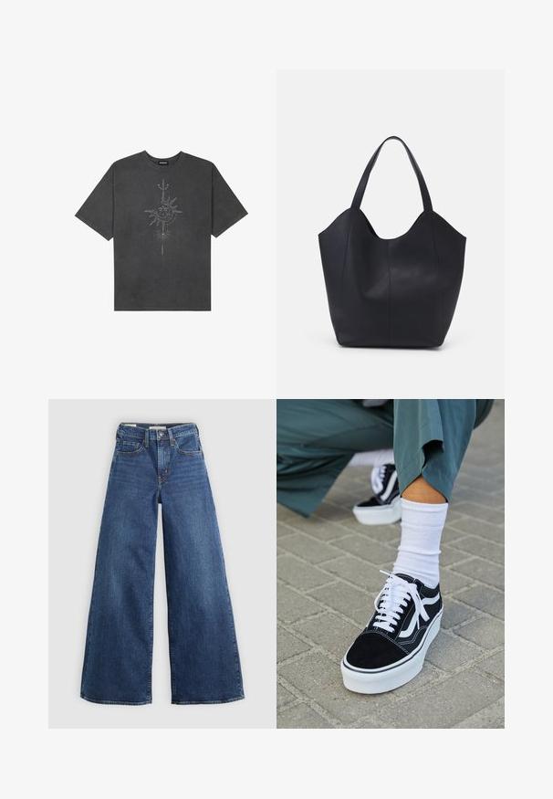 Mørkegrå oversized t-skjorte laget av bomull, med et sentralt solmotiv med intrikate linjedetaljer trykket på forsiden.; Videben blå denim bukser med fem lommer, en knaplukning og kontrastsyninger, som har en blød og tekstureret overflade.; Sorte semskemateriale sneakers med hvite detaljer og snørebånd, med en tykk hvit såle og kontrasterende søm, kombinert med en hvit sokk.; Svart tote-veske laget av glatt lær, med en buet, åpen topp og to skulderstropper, samt et minimalistisk design.