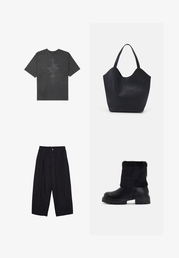T-shirt oversize grigio scuro in cotone, con una grafica centrale di un sole con dettagli intricati stampati sul davanti.; Pantaloni culotte neri in poliestere con una cintura elastica, due pieghe frontali e una silhouette ampia. Nessun motivo visibile o dettagli in metallo.; Stivaletti neri con una base in pelle liscia e un polsino in pelliccia sintetica texturizzata. Suola in gomma spessa e rigida per una buona aderenza.; Borsa tote nera realizzata in pelle liscia, con una parte superiore curva e aperta, dotata di due manici per spalla e un design minimalista.
