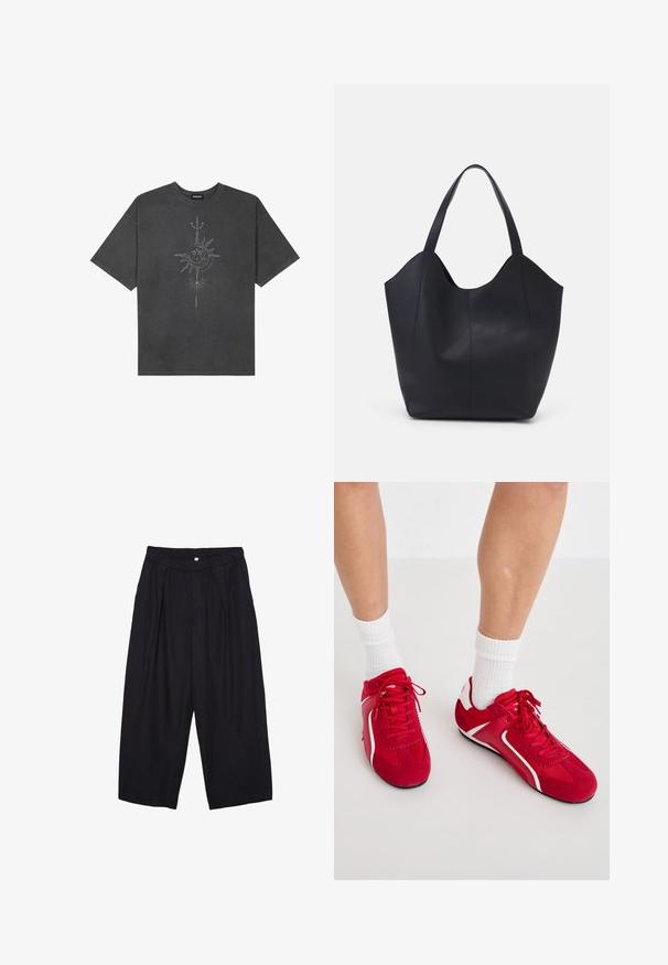 Tmavě šedé oversized tričko vyrobené z bavlny, s centrálním slunečním grafickým motivem s propracovanými liniemi potištěným na přední straně.; Černé polyesterové culotte kalhoty s elastickým pasem, dvěma předními sklady a volným siluetou. Žádné viditelné vzory ani kovové detaily.; Červené sportovní boty s bílými akcenty, vyrobené z semiše a síťoviny. Obsahují šněrovací design a texturované podrážky pro lepší přilnavost.; Černá taška přes rameno vyrobená z hladké kůže, s zakřiveným, otevřeným vrchem a dvěma ramenními popruhy, s minimalistickým designem.