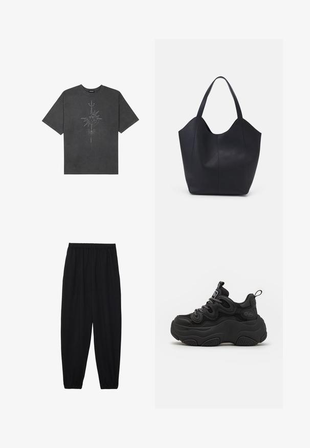 Tumehall pehmea t-särk, mis on valmistatud puuvillast, esiküljel on keeruliste joontega trükitud keskmine päikesegraafika.; Mustad, kerge kangas püksid elastse vöökoha ja kokku volditud pahkluudega. Kanga pind on sile ja disain on lõdvestunud, kitsenev.; Mustad mustad, millel on vuntsiline disain, tekstuuriga ülemine osa, võrgusilma paneelid ja paks kummist tald. Peegeldavad paela ja brändingu detailid on nähtavad.; Must must kinnas must rinna, millel on kaarjas avatud ülemine osa, kaks õlarihma ja minimalistlik disain.