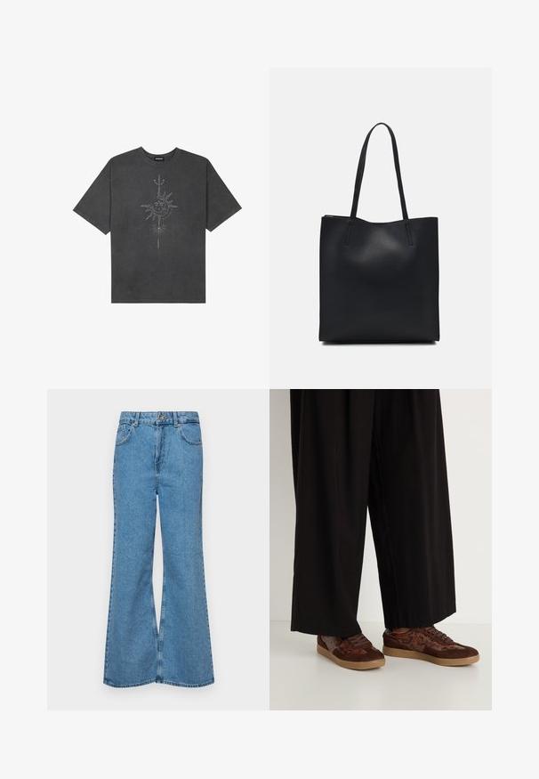 Tumehall pehmea t-särk, mis on valmistatud puuvillast, esiküljel on keeruliste joontega trükitud keskmine päikesegraafika.; Heledad sinine flared teksade rõivad, millel on kõrge talje, viis taskut ja üks nupulukk. Pehme tekstuur ja pleekinud viimistlus.; Pruunid tossud, millel on segamaterjalist disain, sealhulgas samet ja madusid jäljendavad aktsendid, ümar varvas, nööbilukuga kinnitamine ja tekstureeritud kummist tallad.; Mustast nahast kott sujuva tekstuuriga, ristkülikukujuline ja kahe pika sangaga. Pole nähtavat riistvara ega kaunistusi.