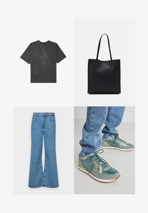 Mørkegrå oversized t-skjorte laget av bomull, med et sentralt solmotiv med intrikate linjedetaljer trykket på forsiden.; Lyseblå vide jeans laget av denim, med høyt liv, fem lommer og en enkelt knappelukking. Myk tekstur med falmet finish.; Grønne joggesko med en blanding av lær og semsket skinn, med en teksturert overflate, snøring og en hvit såle. Båret med blå jeans.; Svart lær tote bag med glatt tekstur, rektangulær form og to lange håndtak. Ingen synlige deler eller dekorasjoner.