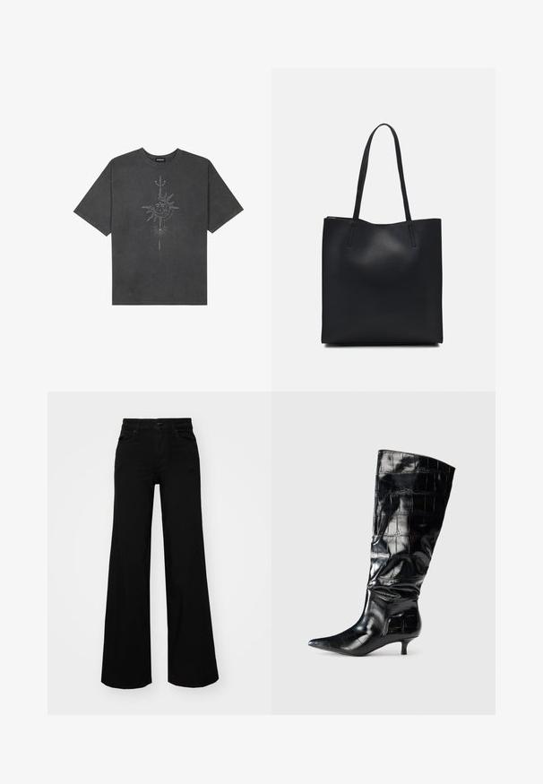 Temno siva oversize majica iz bombaža, z centralno grafiko sonca z zapletenimi črtnimi podrobnostmi natisnjenimi spredaj.; Črne široke denim hlače s strukturiranim pasom, z zankami za pas in sprednjimi žepi. Gladka tekstura s klasičnim dizajnom.; Črne škornje do kolen iz sijočega usnja s kroko izjem bevije, s koničastim nosom in nizko mačjo peto. Gladka tekstura z mehkimi gubami.; Črna usnjena torba s svilnato teksturo, pravokotne oblike in dvema dolgima ročajema. Brez vidnih metalnih delov ali okrasnih elementov.