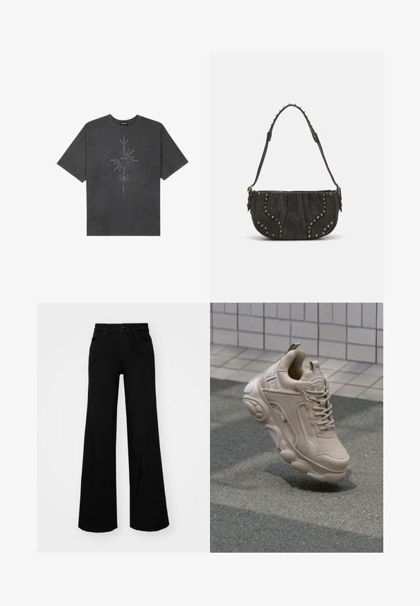 Mørkegrå oversized t-skjorte laget av bomull, med et sentralt solmotiv med intrikate linjedetaljer trykket på forsiden.; Svart vide bukser laget av denim, med en strukturert midjebånd, beltestropper og frontlommer. Glatt tekstur med et klassisk design.; Beige idrettssko med mesh- og syntetisk overdel, polstret krage og chunky såle med teksturerte detaljer. Merking synlig på siden.; Svart semsket håndveske med en buet design, med nagle detaljer og en teksturert overflate. Justerbar stropp med nagler langs kanten.
