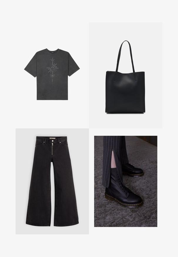 T-shirt oversized cinza escuro feito de algodão, apresentando um gráfico central do sol com detalhes de linhas intrincadas impressos na frente.; Calças de ganga de perna larga em denim preto com fecho éclair à frente, design de cinco bolsos e detalhes de costura subtil. Textura suave e estilo casual.; Botas de couro pretas com atacadores, acabamento texturizado, costura amarela e uma sola robusta e translúcida. Combinadas com calças listradas com zíperes.; Bolsa tote preta em couro com textura lisa, forma retangular e duas alças longas. Sem hardware ou enfeites visíveis.