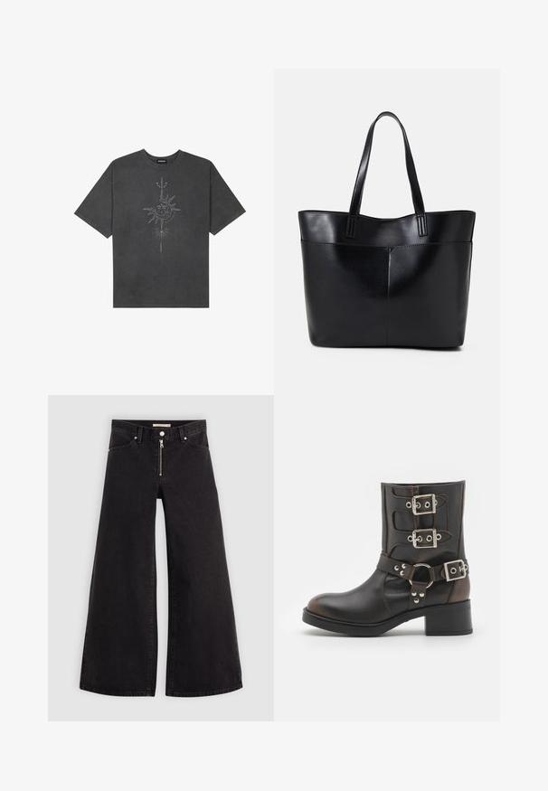 Tumehall pehmea t-särk, mis on valmistatud puuvillast, esiküljel on keeruliste joontega trükitud keskmine päikesegraafika.; Laiad teksad mustast denimist, millel on lukuga eesmine osa, viie taskuga disain ja peened õmblusdetailid. Sile tekstuur ja juhuslik stiil.; Mustad mustad kott jalatsid kolme reguleeritava hõbedase pandlaga, ringikujulise aksessuaariga ja madala plokknukiga. Sile tekstuur ja ümar nina.; Must mustaga musta nahast, millel on kaks pikka kanda, sile tekstuur ja struktureeritud kuju. Esipoolsel on lisakoti jaoks tasku.