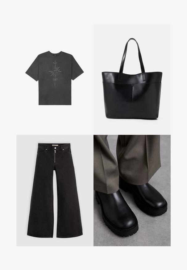 Temno siva oversize majica iz bombaža, z centralno grafiko sonca z zapletenimi črtnimi podrobnostmi natisnjenimi spredaj.; Široke traperice iz črnega denima z zadrgo spredaj, petimi žepi in diskretnimi šivi. Gladka tekstura in ležeren slog.; Črne usnjene čevlje z debelim gumijastim podplatom, z gladko teksturo in zaobljenim prstom, v kombinaciji z ohlapnimi olivnimi hlačami.; Črna usnjena torba z dvema dolgima ročajema, gladko teksturo in strukturirano obliko. Ima sprednji žep za dodatno shranjevanje.