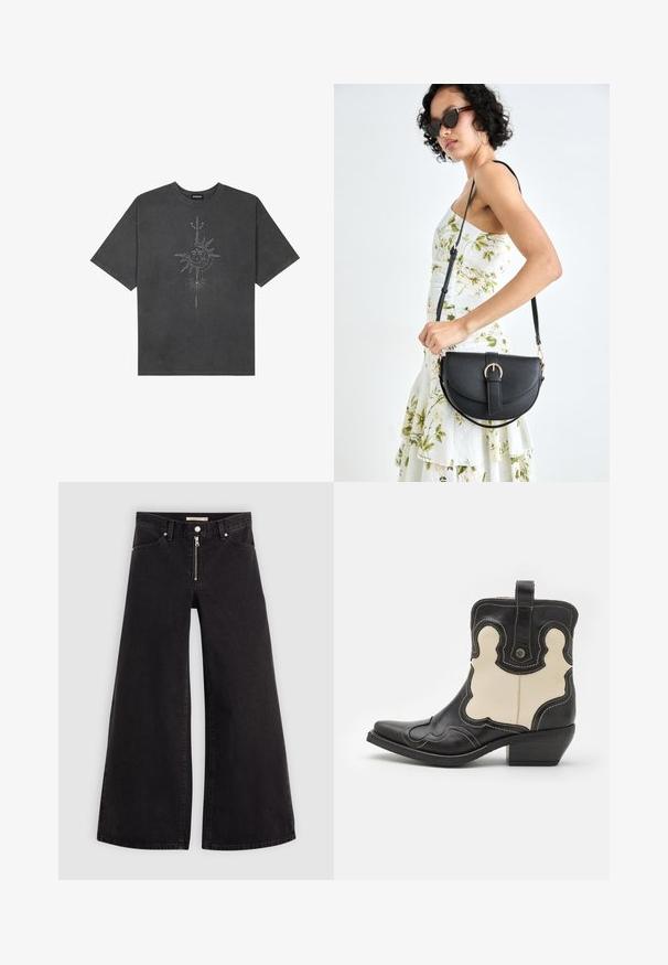 Ciemnoszara, oversize koszulka wykonana z bawełny, z centralnym nadrukiem graficznym słońca z misternymi detalami na przedzie.; Jeans o szerokich nogawkach w czarnym denienie z zamkiem błyskawicznym z przodu, pięcioma kieszeniami i subtelnymi detalami przeszycia. Gładka tekstura i swobodny styl.; Czarno-kremowe skórzane kowbojki z białym przeszyciem, spiczastym noskiem, zakrzywionymi wzorami i niskim, piętą złożoną. Pętelka z tyłu.; Czarna skórzana torebka o zakrzywionym kształcie, z odpinanym paskiem i złotymi akcentami. Torebka posiada klapę z zapięciem w kształcie klamry.