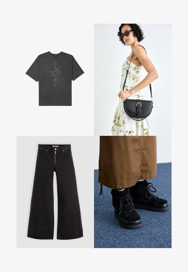 Tamsiai pilkas per didelis marškinėliai, pagaminti iš medvilnės, su centriniu saulės grafiku, turinčiu sudėtingus linijų detalizavimus, spaustu priekyje.; Plačios kojų džinsai iš juodo džinsinio audinio su užtrauktuku priekyje, penkių kišenių dizainu ir subtiliais siuvinėjimo akcentais. Lygus paviršius ir laisvalaikio stilius.; Juodos pūkuotos sportbačiai su platformos padu, turintys raiščius, minkštą tekstūrą ir apvalią nosį. Suderinti su rudi audiniai apačioje.; Juodas odinis krepšys su išlenkta forma, nuimamu dirželiu ir auksiniais detalėmis. Krepšys turi kilpą su sagtimi.