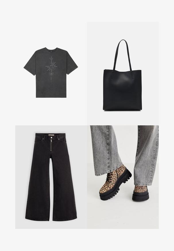 Dunkelgraues, oversized T-Shirt aus Baumwolle, das auf der Vorderseite mit einem zentralen Sonnenmotiv und komplexen Liniendetails bedruckt ist.; Schwarze Denim-Jeans mit weitem Bein, Reißverschluss vorne, Fünf-Taschen-Design und dezenten Stickdetails. Glatte Textur und lässiger Stil.; Steve Madden COAST - Schnürstiefelette - brown/multi-coloured; Schwarze Laptoptasche aus Leder mit glatter Textur, rechteckiger Form und zwei langen Griffen. Keine sichtbaren Beschläge oder Verzierungen.