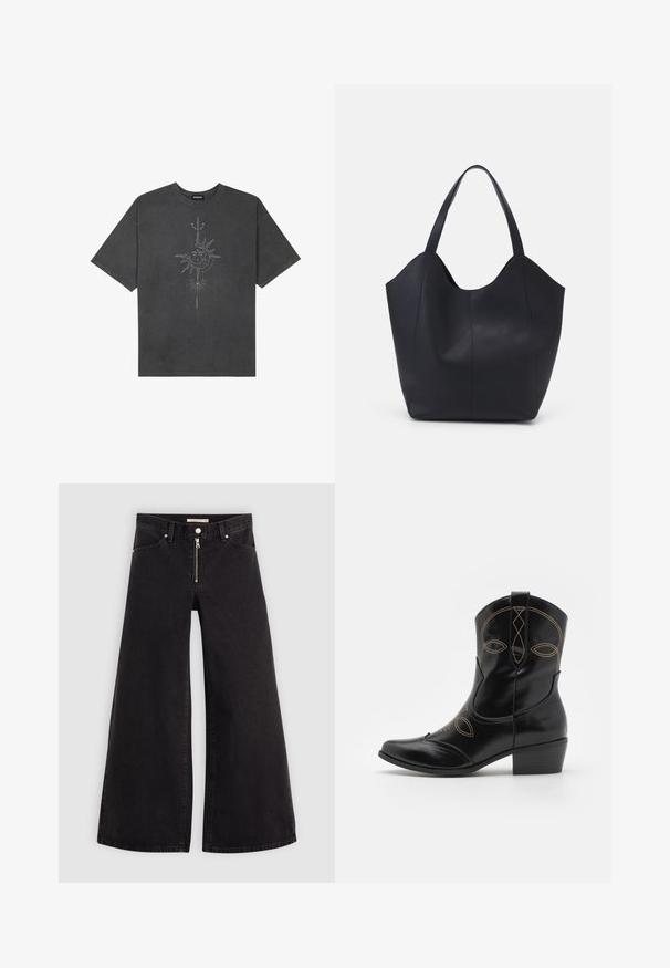 Dark gray oversized t-shirt made of cotton, featuring a central sun graphic with intricate line details printed on the front.; Wide-leg jeans in black denim with a zippered front, five-pocket design, and subtle stitching details. Smooth texture and casual style.; Black leather cowboy boot with decorative orange stitching and cut-out design. Features a short stacked heel and a pointed toe.; Black tote bag made of smooth leather, featuring a curved, open top with two shoulder straps and a minimalist design.
