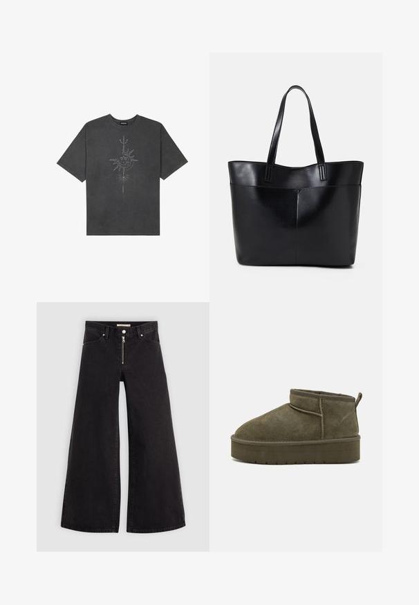 Tumehall pehmea t-särk, mis on valmistatud puuvillast, esiküljel on keeruliste joontega trükitud keskmine päikesegraafika.; Laiad teksad mustast denimist, millel on lukuga eesmine osa, viie taskuga disain ja peened õmblusdetailid. Sile tekstuur ja juhuslik stiil.; Olive rohelised nahast pahkluu saapad ümmarguse toe, õmblemise detailide ja paksu tallaga, millel on tekstureeritud muster. Seljaosas väike tõmbluku või nupu võimalus.; Must mustaga musta nahast, millel on kaks pikka kanda, sile tekstuur ja struktureeritud kuju. Esipoolsel on lisakoti jaoks tasku.