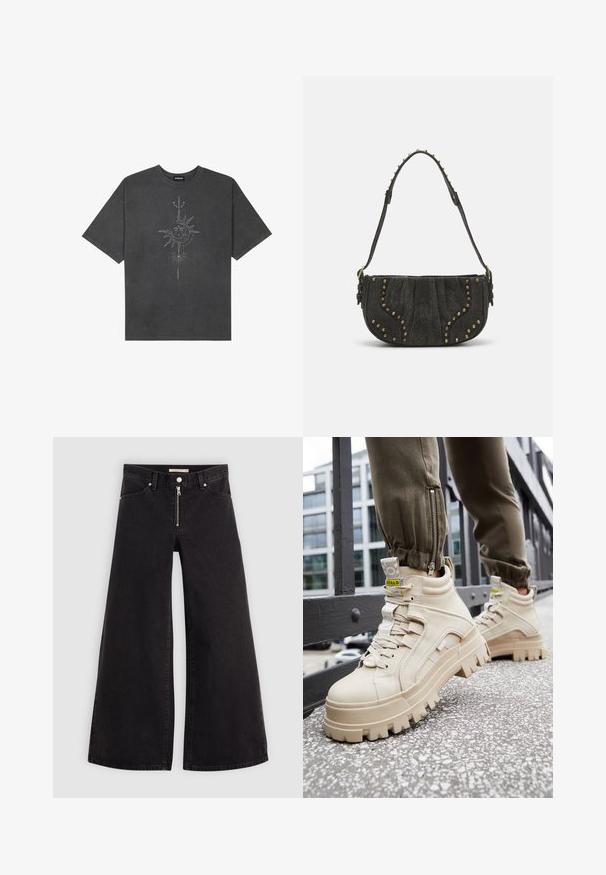 Tumehall pehmea t-särk, mis on valmistatud puuvillast, esiküljel on keeruliste joontega trükitud keskmine päikesegraafika.; Laiad teksad mustast denimist, millel on lukuga eesmine osa, viie taskuga disain ja peened õmblusdetailid. Sile tekstuur ja juhuslik stiil.; Beezhi kõrged spordijalatsid, millel on paks ja tekstureeritud tald, paeltega kinnitamine ja kollased aktsent sildid. Tekstureeritud nahk peal, kontrastsete õmblustega.; Must mustahjust kott, millel on kumer disain, kinnitusdetailide ja tekstureeritud pinnaga. Reguleeritav rihm, mille serval on nupud.