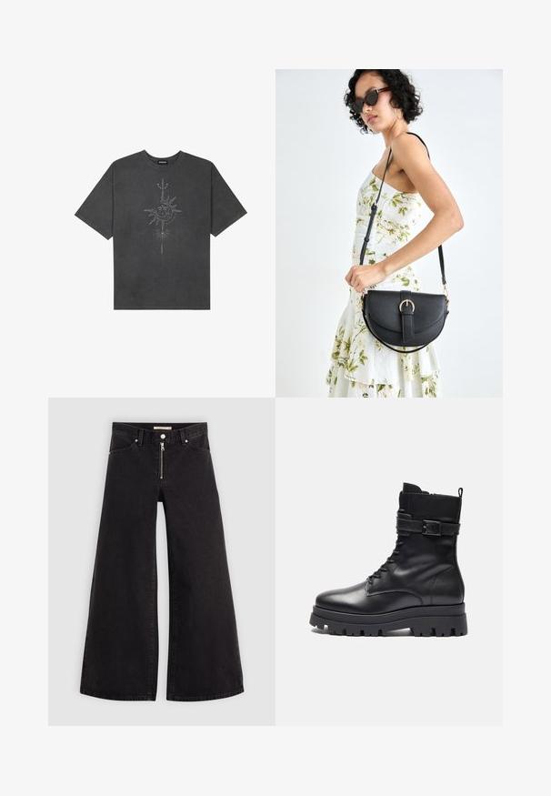 Dark gray oversized t-shirt made of cotton, featuring a central sun graphic with intricate line details printed on the front.; Wide-leg jeans in black denim with a zippered front, five-pocket design, and subtle stitching details. Smooth texture and casual style.; Black leather ankle boot with a rounded toe, lace-up front, buckle detail on the side, and a chunky rubber sole.; Black leather handbag with a curved shape, detachable strap, and gold hardware. The bag features a flap with a buckle detail.