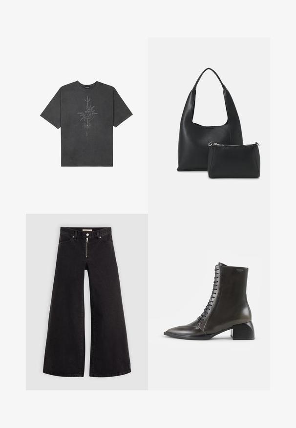 Tumehall pehmea t-särk, mis on valmistatud puuvillast, esiküljel on keeruliste joontega trükitud keskmine päikesegraafika.; Laiad teksad mustast denimist, millel on lukuga eesmine osa, viie taskuga disain ja peened õmblusdetailid. Sile tekstuur ja juhuslik stiil.; Tumedast oliivrohelisest nahast kõrge kontsaga ketsid, terava toe ja musta puruka kontsaga, millel on hõbedased silmad nööride jaoks.; Even&Odd Käekott - black