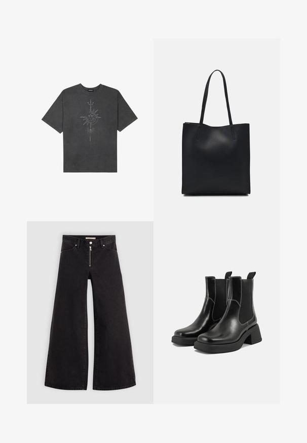Tricou oversized de culoare gri închis, realizat din bumbac, având un grafic central cu soare, cu detalii complexe imprimat pe față.; Jeans cu picioare largi din denim negru, cu fermoar în față, design cu cinci buzunare și detalii subtile de cusătură. Textură netedă și stil casual.; Botine Chelsea din piele neagră, cu toc masiv, panouri laterale elastice și cusături albe contrastante. Finisaj texturat.; Geantă tote neagră din piele, cu textură netedă, formă rectangulară și două mânere lungi. Fără hardware vizibil sau ornamente.