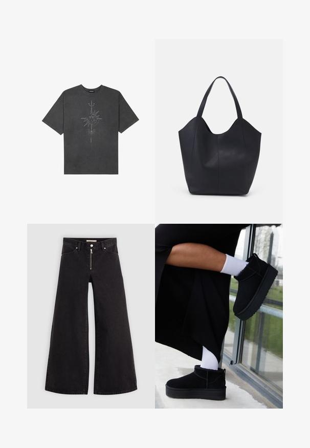 T-shirt oversized cinza escuro feito de algodão, apresentando um gráfico central do sol com detalhes de linhas intrincadas impressos na frente.; Calças de ganga de perna larga em denim preto com fecho éclair à frente, design de cinco bolsos e detalhes de costura subtil. Textura suave e estilo casual.; Botas de tornozelo em camurça preta com sola plana, apresentando uma alça na parte de trás, usadas com meias brancas de tornozelo sobre um fundo minimalista.; Saco tote preto feito de couro liso, apresentando um topo aberto curvo com duas alças de ombro e um design minimalista.