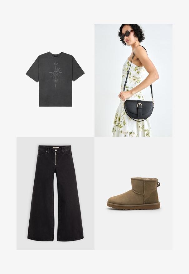 Dunkelgraues, oversized T-Shirt aus Baumwolle, das auf der Vorderseite mit einem zentralen Sonnenmotiv und komplexen Liniendetails bedruckt ist.; Schwarze Denim-Jeans mit weitem Bein, Reißverschluss vorne, Fünf-Taschen-Design und dezenten Stickdetails. Glatte Textur und lässiger Stil.; Braune Wildleder-Ankle-Boots mit einem weichen, flauschigen Futter, runder Zehe und einer Schleifenakzent am Rücken. Flache Gummisohle mit strukturiertem Griff.; Schwarze Lederhandtasche mit geschwungener Form, abnehmbarem Tragegurt und goldenen Beschlägen. Die Tasche verfügt über einen Deckel mit einer Schnallen-Details.