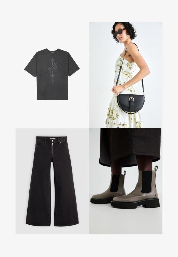 Tumši pelēks, pārspīlēts T-krekls, izgatavots no kokvilnas, ar centrālo saules grafiku ar sarežģītām līniju detaļām, kas izdrukātas priekšpusē.; Platas kājas džinsi melnā džinsa audumā ar rāvējslēdzēju priekšā, piecu kabatu dizains un smalkas šuvju detaļas. Gluda tekstūra un ikdienišķs stils.; Pelēki potītes zābaki, kas izgatavoti no teksturētas ādas, ar elastīgām sānu paneļām un masīvu melnu zoli. Ar vilkšanas cilpām vieglai uzvilkšanai.; Melnas ādas rokassoma ar izliekta formu, noņemamu siksnu un zelta aksesuāriem. Somai ir vāciņš ar sprādzes detaļu.