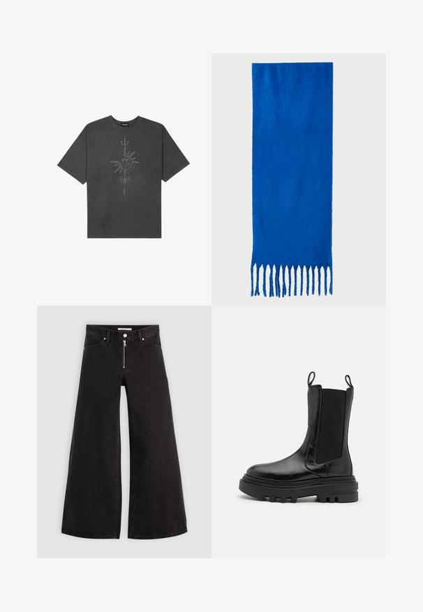 Tricou oversized de culoare gri închis, realizat din bumbac, având un grafic central cu soare, cu detalii complexe imprimat pe față.; Jeans cu picioare largi din denim negru, cu fermoar în față, design cu cinci buzunare și detalii subtile de cusătură. Textură netedă și stil casual.; Botine negre până la glezne, cu o finisare din piele lucioasă, panouri elastice pe laterale, cârlige și o talpă groasă, texturată din cauciuc. Design voluminos, siluetă elegantă.; Fular albastru cu ciucuri realizat dintr-un material moale; are o culoare solidă cu o suprafață texturată și ciucuri tăiați uniform în partea de jos.