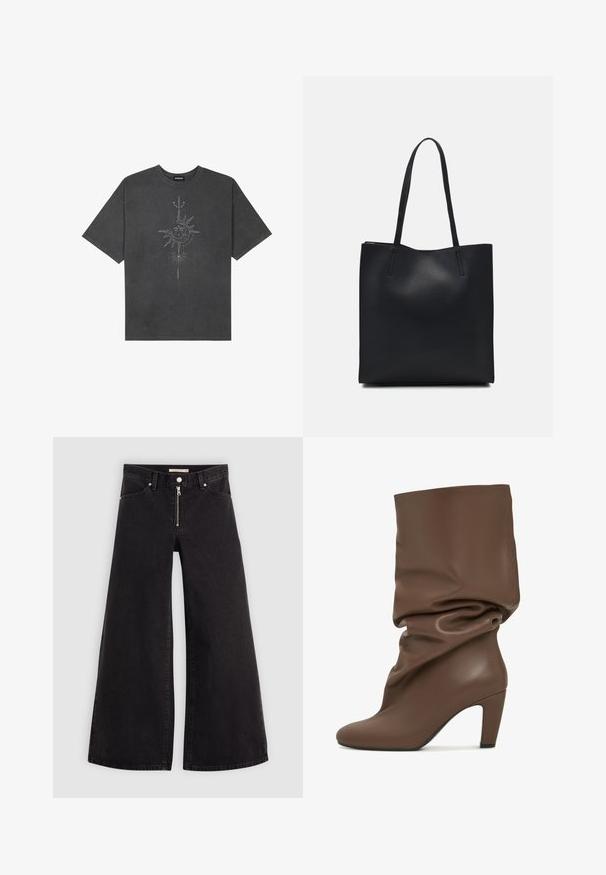 Camiseta de gran tamaño gris oscuro hecha de algodón, con un gráfico central de un sol con intrincados detalles lineales impresos en la parte frontal.; Jeans de pierna ancha en denim negro con cierre frontal, diseño de cinco bolsillos y detalles de costura sutiles. Textura suave y estilo casual.; Bota de tobillo marrón, holgada, hecha de cuero suave. Presenta una punta redonda y un tacón. El diseño incluye pliegues suaves alrededor del eje superior.; Bolso tote de cuero negro con textura lisa, forma rectangular y dos asas largas. Sin herrajes ni adornos visibles.