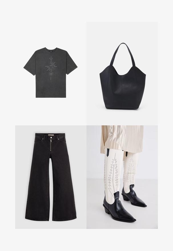 Dark gray oversized t-shirt made of cotton, featuring a central sun graphic with intricate line details printed on the front.; Wide-leg jeans in black denim with a zippered front, five-pocket design, and subtle stitching details. Smooth texture and casual style.; Black cowboy boots with a textured finish, pointed toes, and low block heels, paired with white fitted pants featuring zigzag black stitching.; Black tote bag made of smooth leather, featuring a curved, open top with two shoulder straps and a minimalist design.