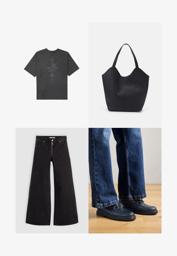Dark gray oversized t-shirt made of cotton, featuring a central sun graphic with intricate line details printed on the front.; Wide-leg jeans in black denim with a zippered front, five-pocket design, and subtle stitching details. Smooth texture and casual style.; Navy blue leather shoes with a chunky sole and chain detail on the upper, paired with loose-fitting dark blue denim jeans.; Black tote bag made of smooth leather, featuring a curved, open top with two shoulder straps and a minimalist design.