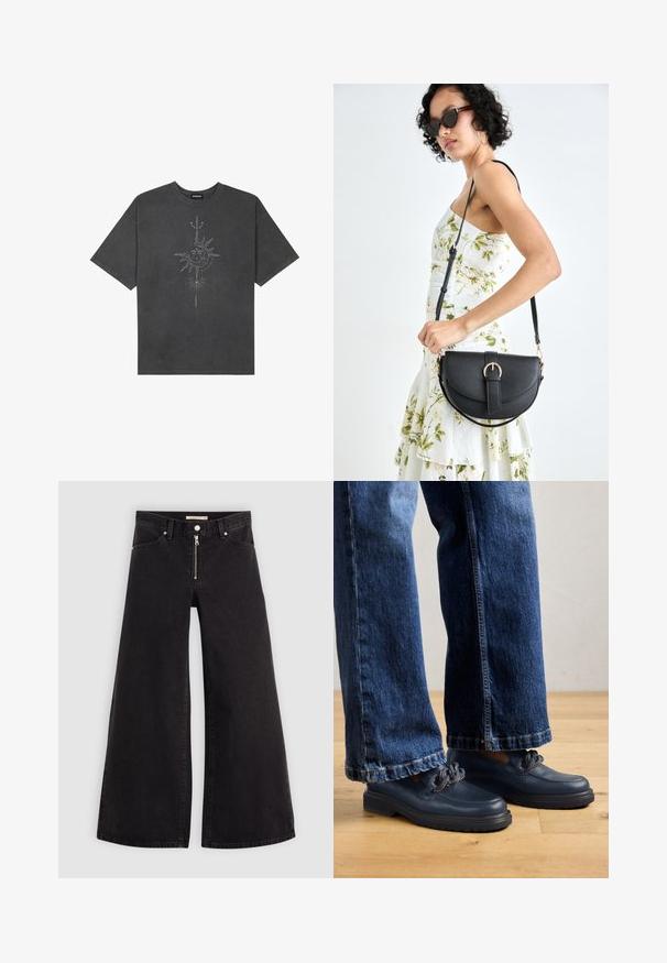 Dark gray oversized t-shirt made of cotton, featuring a central sun graphic with intricate line details printed on the front.; Wide-leg jeans in black denim with a zippered front, five-pocket design, and subtle stitching details. Smooth texture and casual style.; Navy blue leather shoes with a chunky sole and chain detail on the upper, paired with loose-fitting dark blue denim jeans.; Black leather handbag with a curved shape, detachable strap, and gold hardware. The bag features a flap with a buckle detail.