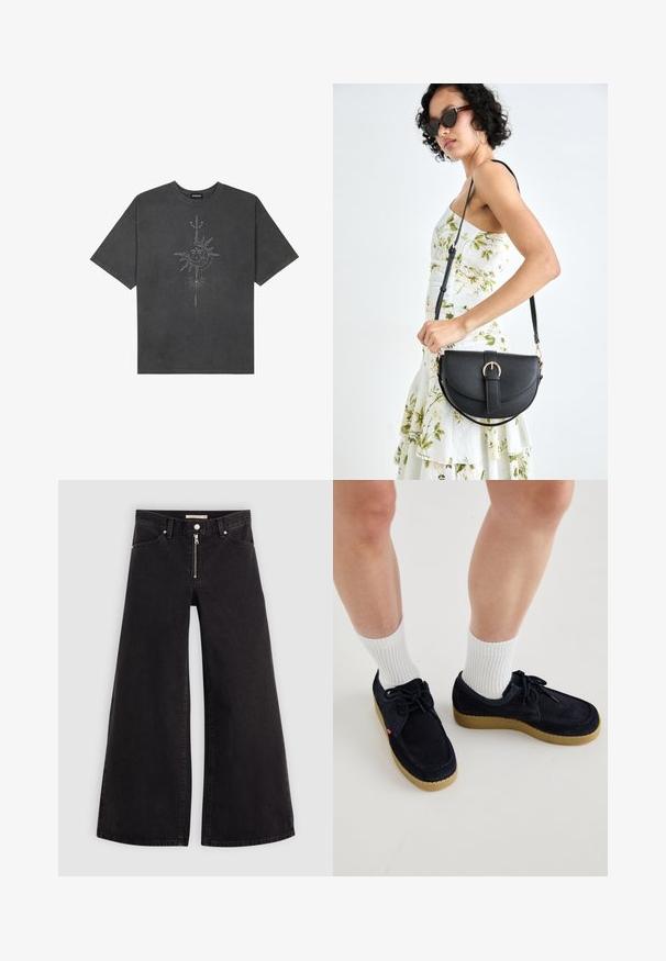 Musta harmaa ylisuurennettu t-paita, joka on valmistettu puuvillasta ja jossa on keskellä aurinkokuvio, jossa on monimutkaisia viivadetaileja painettuna etupuolelle.; Mustat leveälahkeiset farkut, joissa on vetoketjufrunti, viisi-taskuinen muotoilu ja hienovaraiset ompelusyyt. Sileä pinta ja rento tyyli.; Tummansiniset mokkakengät, joissa on pyöreä kärki, nauhakuvio ja vaaleanbeige kumipohja. Yhdistetty valkoisiin ribattuihin lyhytvartisiin sukkiin.; Musta nahkainen käsilaukku, joka on kaareva muotoilultaan, irrotettavalla hihnalla ja kultaisilla yksityiskohdilla. Laukussa on läppä, jossa on solk yksityiskohta.