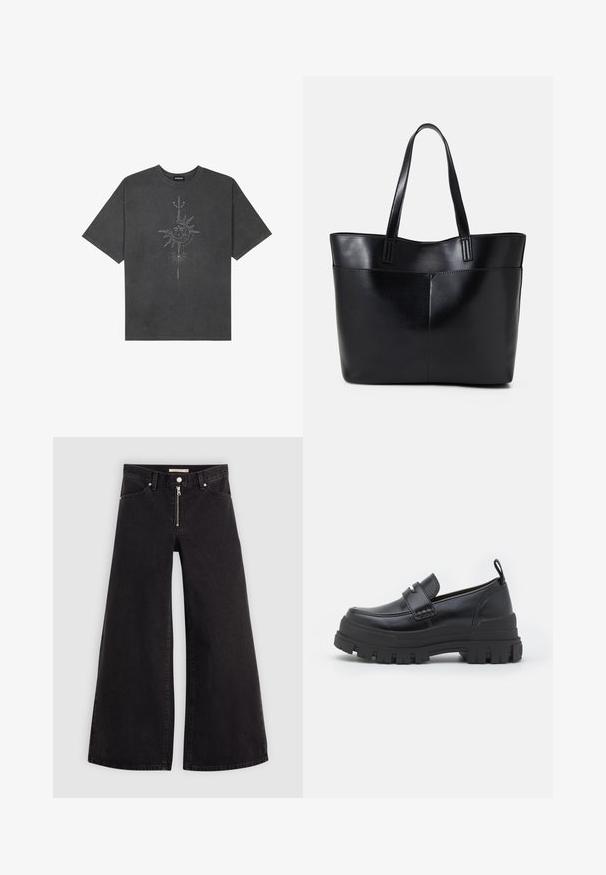 Temno siva oversize majica iz bombaža, z centralno grafiko sonca z zapletenimi črtnimi podrobnostmi natisnjenimi spredaj.; Široke traperice iz črnega denima z zadrgo spredaj, petimi žepi in diskretnimi šivi. Gladka tekstura in ležeren slog.; Črne usnjene natikače s debelim črnim gumijastim podplatom. Imajo širok trak spredaj in šivani dizajn okoli prstov.; Črna usnjena torba z dvema dolgima ročajema, gladko teksturo in strukturirano obliko. Ima sprednji žep za dodatno shranjevanje.