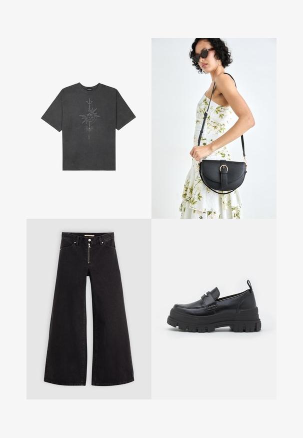 Temno siva oversize majica iz bombaža, z centralno grafiko sonca z zapletenimi črtnimi podrobnostmi natisnjenimi spredaj.; Široke traperice iz črnega denima z zadrgo spredaj, petimi žepi in diskretnimi šivi. Gladka tekstura in ležeren slog.; Črne usnjene natikače s debelim črnim gumijastim podplatom. Imajo širok trak spredaj in šivani dizajn okoli prstov.; Črna usnjena torbica s ukrivljeno obliko, z odstranljivo naramnico in zlatimi dodatki. Torbica ima pokrov s podrobnostmi v obliki zaponke.