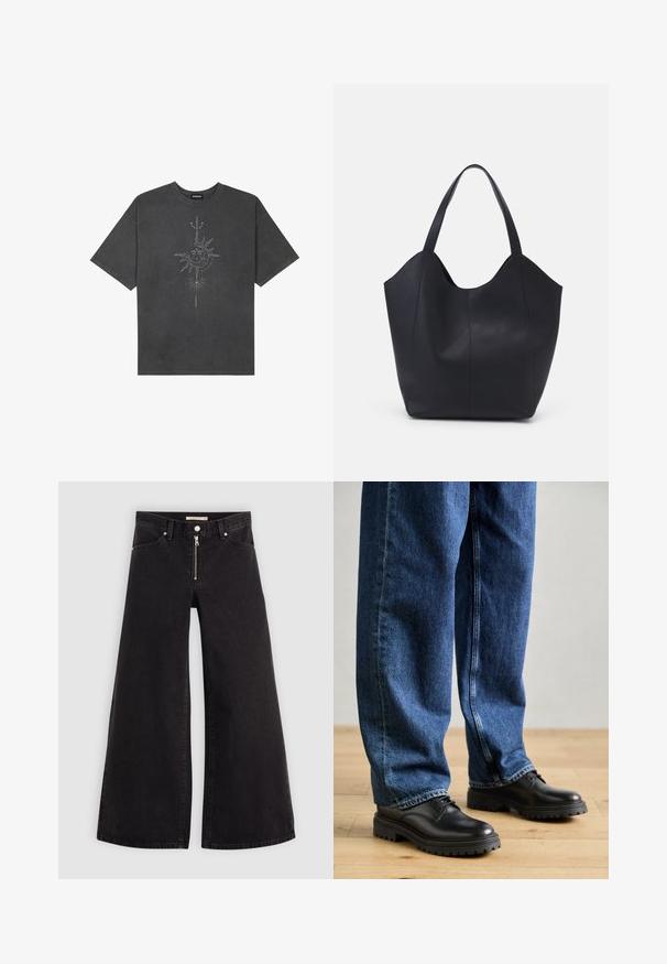 Tricou oversized de culoare gri închis, realizat din bumbac, având un grafic central cu soare, cu detalii complexe imprimat pe față.; Jeans cu picioare largi din denim negru, cu fermoar în față, design cu cinci buzunare și detalii subtile de cusătură. Textură netedă și stil casual.; Pantofi din piele neagră cu vârful rotund, design cu șireturi și talpă din cauciuc groasă și texturată, asortați cu blugi lejeri din denim albastru.; Geantă de umăr neagră, realizată din piele netedă, cu un design minimalist, având un vârf deschis curbat și două mânere pentru umăr.