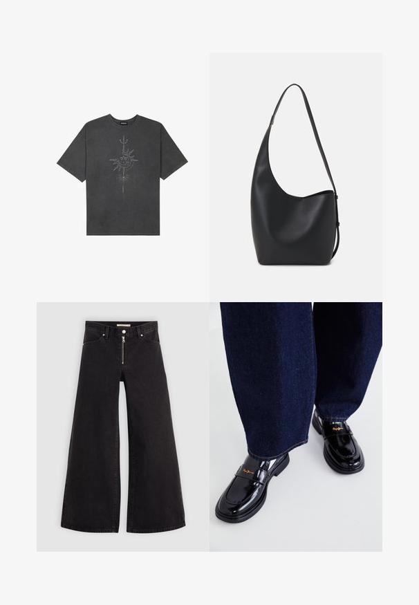 Tumehall pehmea t-särk, mis on valmistatud puuvillast, esiküljel on keeruliste joontega trükitud keskmine päikesegraafika.; Laiad teksad mustast denimist, millel on lukuga eesmine osa, viie taskuga disain ja peened õmblusdetailid. Sile tekstuur ja juhuslik stiil.; Mustad mustad nahast loafers, millel on läikiv viimistlus, rihma ja kuldse brändinguga, koos tume siniste laiade pükstega.; Mustast nahast hobo kott, millel on sile tekstuur, kumer kuju ja üks reguleeritav rihm; peal on lai avaus.