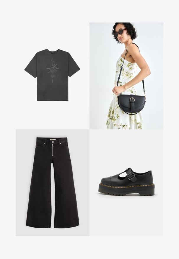 Mørkegrå oversized t-skjorte laget av bomull, med et sentralt solmotiv med intrikate linjedetaljer trykket på forsiden.; Vide benbukser i sort denim med glidelås i front, fem-lomme design og subtile sømdetaljer. Glatt tekstur og avslappet stil.; Dr. Martens BETHAN - Slippers - black; Svart lærveske med en buet form, avtagbar stropp og gullbeslag. Vesken har et klaff med spenne-detall.