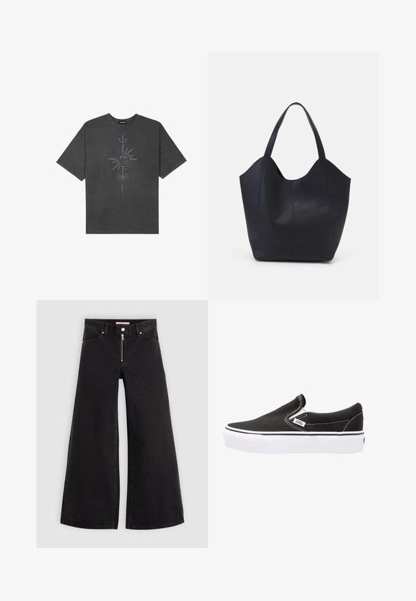 Temno siva oversize majica iz bombaža, z centralno grafiko sonca z zapletenimi črtnimi podrobnostmi natisnjenimi spredaj.; Široke traperice iz črnega denima z zadrgo spredaj, petimi žepi in diskretnimi šivi. Gladka tekstura in ležeren slog.; Črne platnene natikače z belo gumijasto podplatom, kontrastnim belim šivom in logotipom na strani. Gladka tekstura in preprost dizajn.; Črna torba v obliki tote iz gladke usnjene površine, ki ima ukrivljen odprt vrh z dvema naramnicama in minimalističnim dizajnom.
