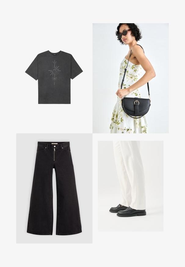 Tumši pelēks, pārspīlēts T-krekls, izgatavots no kokvilnas, ar centrālo saules grafiku ar sarežģītām līniju detaļām, kas izdrukātas priekšpusē.; Platas kājas džinsi melnā džinsa audumā ar rāvējslēdzēju priekšā, piecu kabatu dizains un smalkas šuvju detaļas. Gluda tekstūra un ikdienišķs stils.; Melni ādas loafers ar gludu tekstūru, šuvju detaļām un apaļu pirkstu daļu, apvienoti ar baltām pielāgotām biksēm.; Melnas ādas rokassoma ar izliekta formu, noņemamu siksnu un zelta aksesuāriem. Somai ir vāciņš ar sprādzes detaļu.