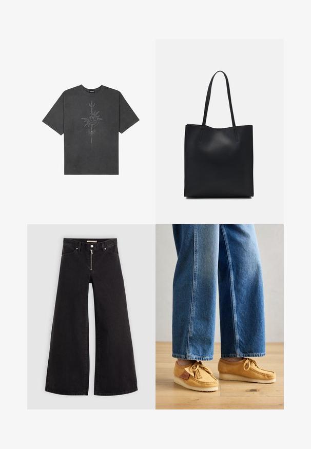 Tmavě šedé oversized tričko vyrobené z bavlny, s centrálním slunečním grafickým motivem s propracovanými liniemi potištěným na přední straně.; Džíny s širokými nohavicemi v černém denimovém provedení se zipem vpředu, pěti kapsami a jemnými švy. Hladká textura a ležérní styl.; Hnědé semišové mokasínové boty s třásněmi, kulatou špičkou a krémovou gumovou podrážkou, v kombinaci s zkrácenými modrými džíny. Pozadí s dřevěnou podlahou.; Černá kožená taška přes rameno s hladkým povrchem, obdélníkovým tvarem a dvěma dlouhými uchy. Žádné viditelné kování ani ozdoby.