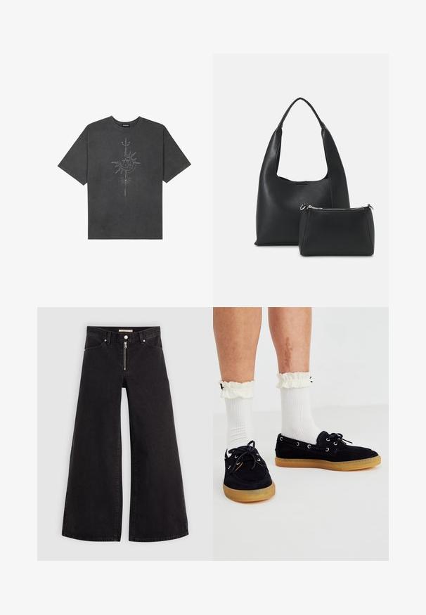 Sötétszürke, nagy méretű pamut póló, középen nap motívummal, aprólékos vonal részletekkel nyomtatva elöl.; Fekete denim széles szárú farmer, cipzáros elejével, öt zsebes kialakítással és diszkrét varrással. Sima textúra és laza stílus.; Tengerészkék velúr csónakcipők gumitalppal, ezüst fémlyukakkal és fűzőkkel. Fehér bordázott zoknival és fodros mandzsetta részletekkel párosítva.; Even&Odd SET - Kézitáska - black