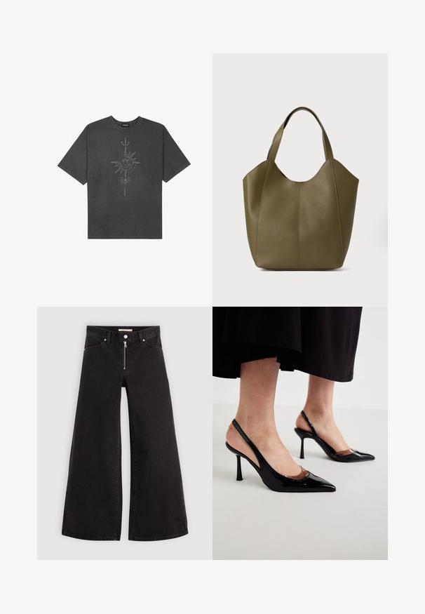 Mørkegrå oversized t-skjorte laget av bomull, med et sentralt solmotiv med intrikate linjedetaljer trykket på forsiden.; Vide benbukser i sort denim med glidelås i front, fem-lomme design og subtile sømdetaljer. Glatt tekstur og avslappet stil.; Sorte patent lær slingback-hæle med spidse tæer og klare udsparinger foran, placeret på en ensfarvet lys overflade.; Olivengrønn skinn totebag med doble stropper, glatt tekstur og firpaneldesign. Forsterket søm langs sømmene for holdbarhet.