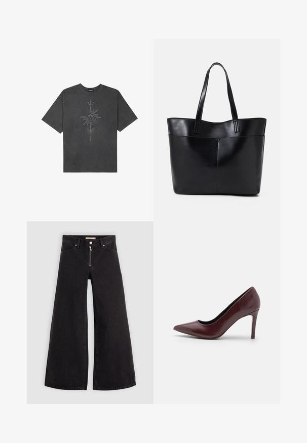 Tumehall pehmea t-särk, mis on valmistatud puuvillast, esiküljel on keeruliste joontega trükitud keskmine päikesegraafika.; Laiad teksad mustast denimist, millel on lukuga eesmine osa, viie taskuga disain ja peened õmblusdetailid. Sile tekstuur ja juhuslik stiil.; Burgundia nahast kõrge kontsaga king, millel on terav varvas, sile pind ja õhuke stilettokonts. Elegantsed siluetid minimaalse disainiga detailsed.; Must mustaga musta nahast, millel on kaks pikka kanda, sile tekstuur ja struktureeritud kuju. Esipoolsel on lisakoti jaoks tasku.