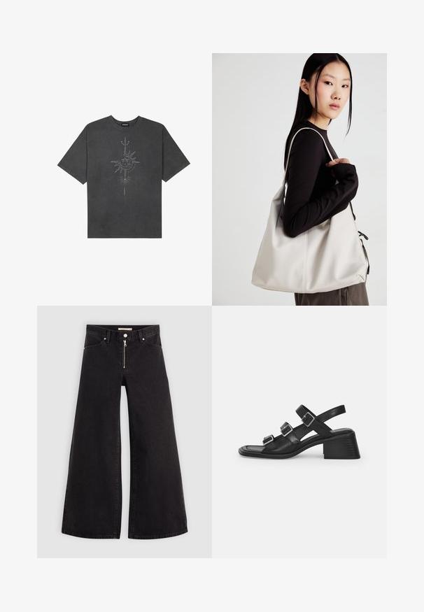 T-shirt oversized cinza escuro feito de algodão, apresentando um gráfico central do sol com detalhes de linhas intrincadas impressos na frente.; Calças de ganga de perna larga em denim preto com fecho éclair à frente, design de cinco bolsos e detalhes de costura subtil. Textura suave e estilo casual.; Sandalha de couro preto com três tiras ajustáveis com fivela, bico quadrado e salto bloco afunilado. Textura suave e design minimalista.; Uma bolsa bege feita de material macio, com um design descontraído, detalhes de costura e duas alças para o ombro. Adequada para uso diário.