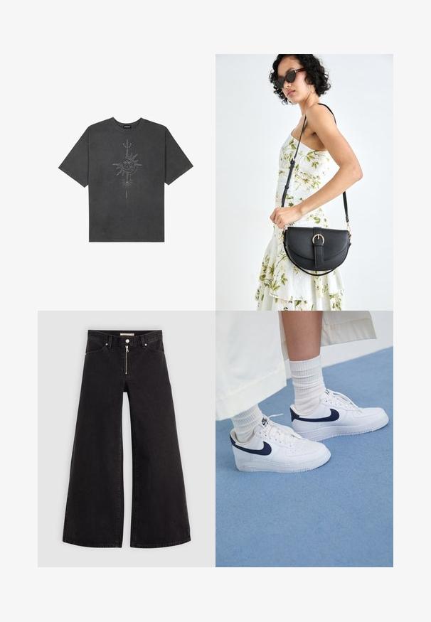 T-shirt oversized cinza escuro feito de algodão, apresentando um gráfico central do sol com detalhes de linhas intrincadas impressos na frente.; Calças de ganga de perna larga em denim preto com fecho éclair à frente, design de cinco bolsos e detalhes de costura subtil. Textura suave e estilo casual.; Sapatilhas Nike Air Force 1 brancas com detalhes em azul-marinho, bico perfurado, atacadores planos e sola de borracha, combinadas com meias brancas caneladas.; Bolsa de couro preta com forma curva, alça destacável e detalhes em dourado. A bolsa possui uma aba com detalhe de fivela.