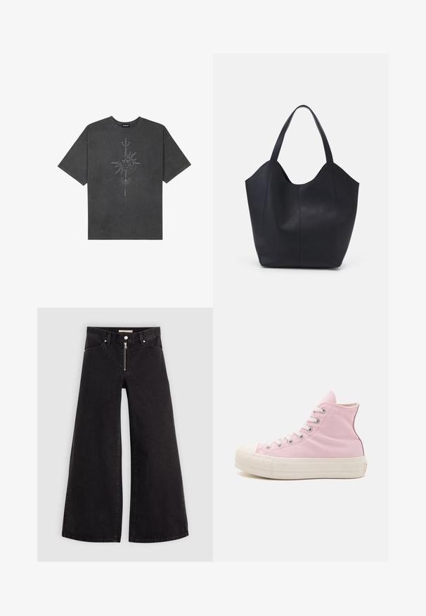 Tumši pelēks, pārspīlēts T-krekls, izgatavots no kokvilnas, ar centrālo saules grafiku ar sarežģītām līniju detaļām, kas izdrukātas priekšpusē.; Platas kājas džinsi melnā džinsa audumā ar rāvējslēdzēju priekšā, piecu kabatu dizains un smalkas šuvju detaļas. Gluda tekstūra un ikdienišķs stils.; Gaisni rozā augstie sporta apavi; Melnas rokassomas, kas izgatavota no gludas ādas, ar izliekto atvērto augšu, divām plecu jostām un minimālistisku dizainu.