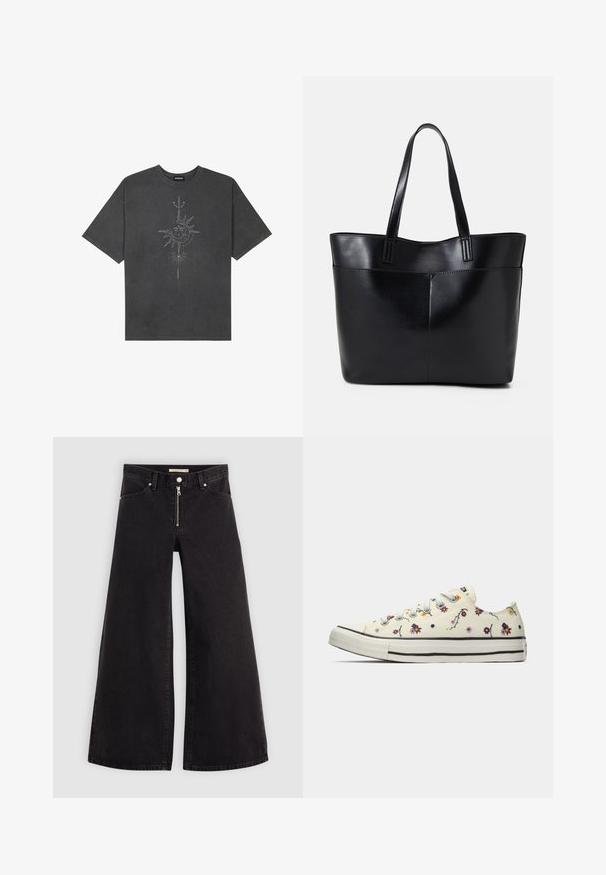 Mørkegrå oversized t-skjorte laget av bomull, med et sentralt solmotiv med intrikate linjedetaljer trykket på forsiden.; Vide benbukser i sort denim med glidelås i front, fem-lomme design og subtile sømdetaljer. Glatt tekstur og avslappet stil.; Hvit lav sneaker med fargerike små blomster mønster og hvite snøringer, sett fra innsiden mot en ensfarget bakgrunn.; Svart lær toteveske med to lange håndtak, en glatt tekstur og en strukturert form. Har en frontlomme for ekstra oppbevaring.