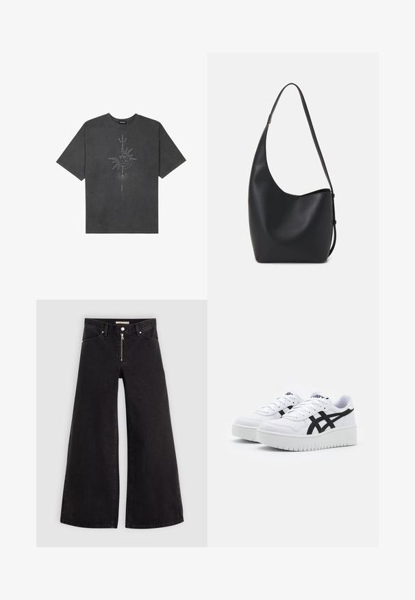 T-shirt oversized cinza escuro feito de algodão, apresentando um gráfico central do sol com detalhes de linhas intrincadas impressos na frente.; Calças de ganga de perna larga em denim preto com fecho éclair à frente, design de cinco bolsos e detalhes de costura subtil. Textura suave e estilo casual.; Sapatilhas brancas com uma superfície texturizada, riscas laterais pretas e uma sola branca grossa. Apresentam um design com atacadores e um logótipo na língua.; Saco hobo preto em pele com uma textura lisa, forma curva e uma única alça ajustável; apresenta uma abertura larga na parte de cima.