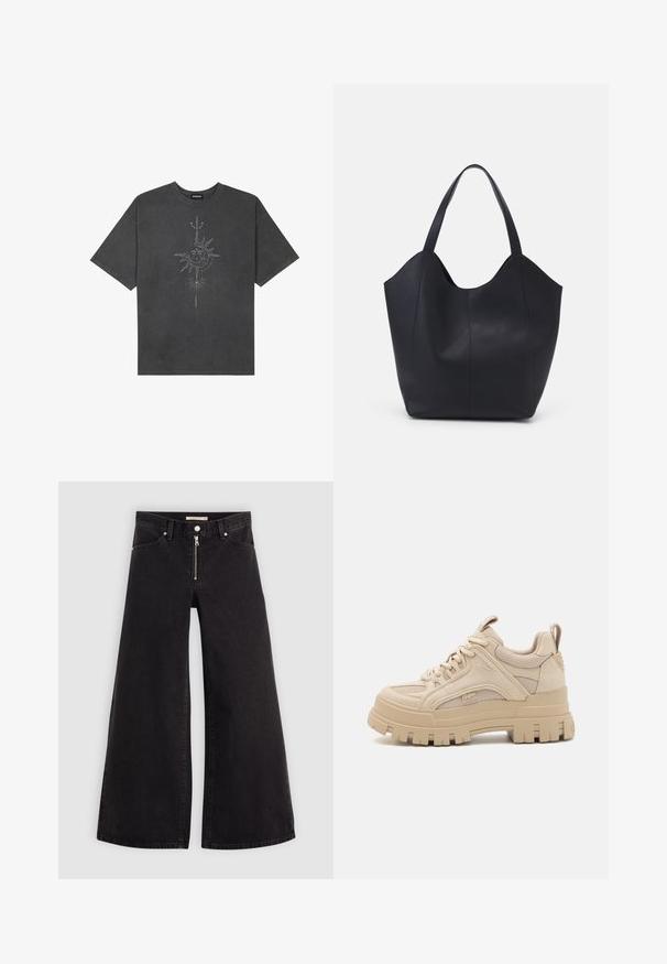 Dark gray oversized t-shirt made of cotton, featuring a central sun graphic with intricate line details printed on the front.; Wide-leg jeans in black denim with a zippered front, five-pocket design, and subtle stitching details. Smooth texture and casual style.; Beige chunky sneakers with a mix of mesh and suede materials, featuring a thick sole and prominent tread, lace-up design, and branding detail.; Black tote bag made of smooth leather, featuring a curved, open top with two shoulder straps and a minimalist design.